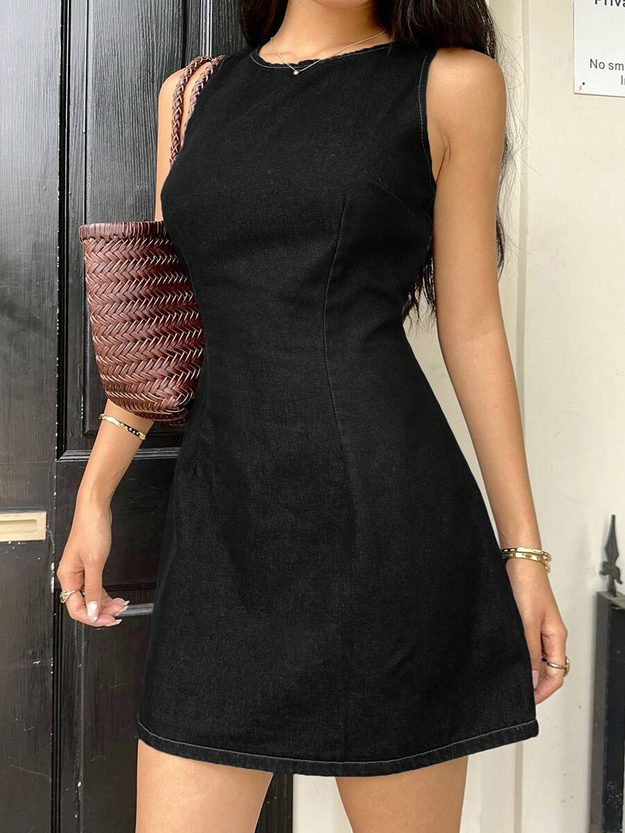 Siren Gaze Váy denim không tay thường ngày mùa hè dành cho nữ - màu đen - Xem 1