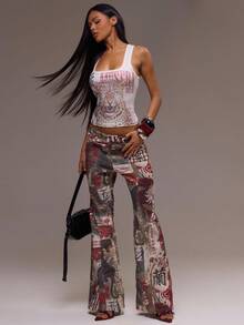 MUSERA Fitted Asymmetric Waist Low Rise Print Flare Jeans Cool Girl, , Going Out, Sexy, Crimson Winter   Chic Spring Summer - Multicolor - View 4