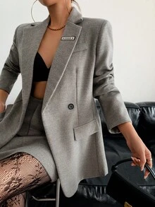 女式灰色长袖羊毛纽扣翻领夹克和迷你裙套装，秋季 - 灰色 - 查看 5