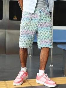 PAVTROS Men's Summer Fashion Street Gradient Slant Pocket Frayed Hem Wide Leg Denim Shorts - Light Wash - View 6