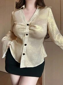 Flirla 大码女式 V 领收腰复古浪漫休闲时尚衬衫，前扣长袖喇叭袖口衬衫，适合日常外出、下午茶、约会、返校季、假期 - 香檳色 - 查看 4