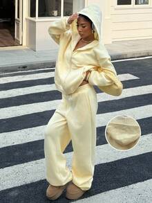 Muchica 秋季大码奶油黄色休闲宽松运动衫套装 - 鵝黃色 - 查看 6