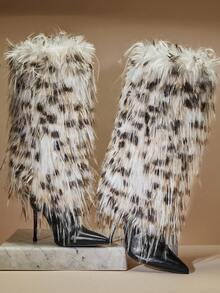 SHUZIA 女士时尚毛茸茸尖头细高跟冬季保暖舒适及膝靴 - 米色 - 查看 4