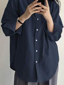DAZY Solid Drop Shoulder Oversized Shirt,Long Sleeve Tops,Fall Clothes - Blue - View 4