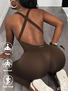 Slaydiva 女士无袖简约修身休闲性感运动连体裤 - 咖啡棕 - 查看 1