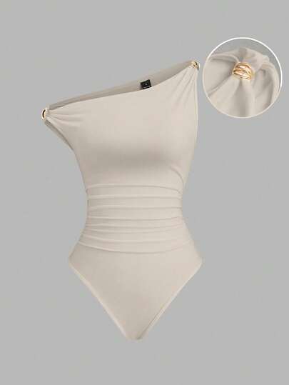 Sweetra Body de mujer de unicolor, casual, con hombro asimétrico, decoración metálica y drapeado, adecuado para primavera y otoño