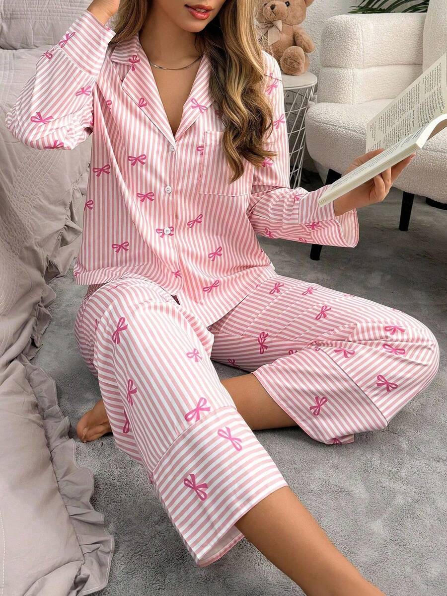 SweetSlumber Bow Tie & Striped Print Long Sleeve Pajama Set, Fall Clothes  Cozy And Elegant Details