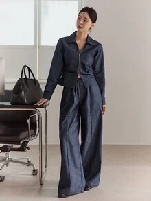 DAZY Áo khoác cardigan cổ bẻ denim và quần ống rộng cho nữ Bộ đồ denim thường ngày - Rửa tối - Xem 4
