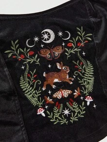 ROMWE Áo crop top hở lưng màu đen thêu hình trái tim phong cách cung điện Gothic dành cho nữ, đính đá, pha lê hình giọt nước, trang trí ngôi sao - màu đen - Xem 3