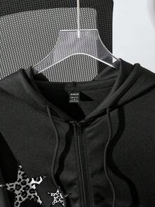 Attitoon 休闲复古风豹纹星形图案宽松连帽长袖卫衣，适合秋冬季节穿着，风格包括复古、性感、可爱、Y2K、椰子女孩、波西米亚风、嬉皮风、音乐节等。女士拉链卫衣，女士拉链卫衣。 - 黑色 - 查看 5