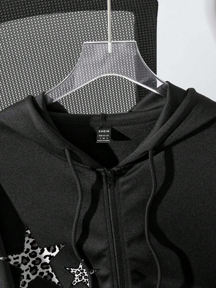 Attitoon Casual Vintage Style Leopard Print & Star Pattern Loose Fit Hooded Long Sleeve Sweatshirt For Women, Suitable For Autumn/Winter, Vintage, Sexy, Cute, Y2K, Coconut Girl, Boho, Hippie, Music Festival, Fall, Zip Up Sweatshirt Women, Zip Up Sweatshirt For Women - Black - View 5