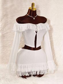 Amplova 女式纯色露肩长袖上衣和迷你裙两件套 - 杏色 - 查看 4