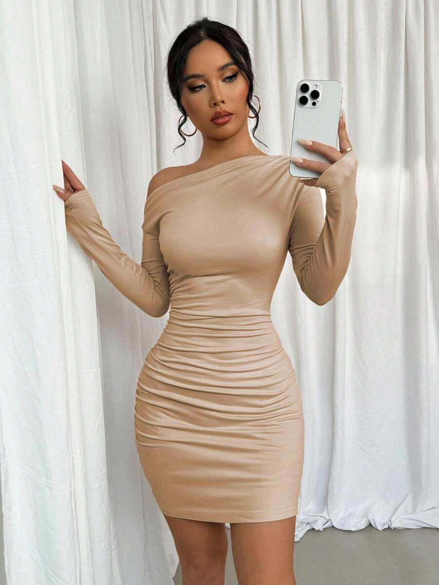 Elenzga 女式不对称褶饰长袖连衣裙 - 卡其色 - 查看 1