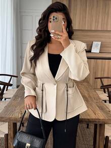 Weeklong Plus Size Casual Minimalist Blazer With Adjustable Drawstring Waist - Apricot - View 3