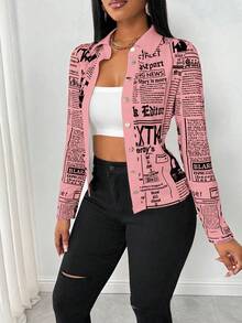 SHEIN SXY 女士报纸印花收腰衬衫，秋季时尚，长袖上衣 - 粉色 - 查看 4