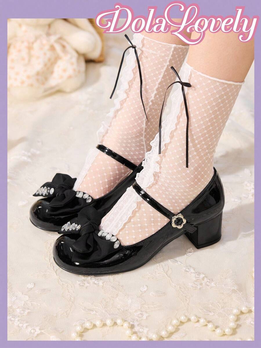 Dola Lovely 女士时尚白色甜美洛丽塔风格优雅高跟鞋，可爱 - 黑色 - 查看 1