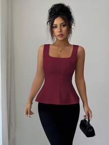 Elenzga Women's Elegant Square Neck Sleeveless Blouse With Front Slit, Suitable For Office, Commute, Afternoon Tea, Party, Vacation, Casual Wear, Spring/Summer - Burgundy - View 3