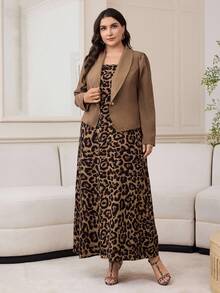 Modelyn 大码女式纯色蝙蝠袖夹克和豹纹吊带裙优雅两件套，秋季 - 卡其色 - 查看 4
