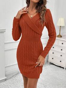 EMERY ROSE Elegant Solid Color Fitted Long Sleeve Sweater Dress For Women - Burnt Orange - View 5