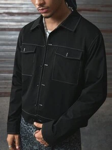 AXEPEAK 男士秋季单排扣实用口袋休闲长袖夹克，Grunge风格 - 黑色 - 查看 1