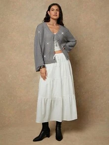 SHEIN VCAY Plus Size Fashionable Commuter Sequin Tie Cardigan Autumn Winter Clothes For Women - Grey - View 4