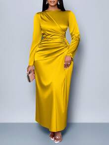 SOLERSUN 女士优雅纯色褶边缎面紧身连衣裙，适合约会派对长款女装 - 芥末黃 - 查看 5