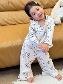 DAZY 2件套幼儿女童卡通印花舒适休闲睡衣套装 - 米色 - 查看 4