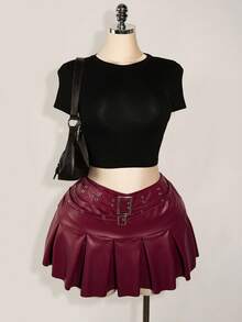 SHEIN ICON Plus Size Leather Belt Buckle Metal Decor Waist Pleated Mini Skirt Burgundy Rave 90s Autumn Sexy Fall Concert - Burgundy - View 7