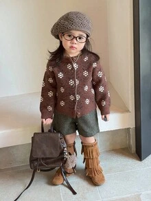 DAZY Cardigan Longgar Gaya Korea Motif Bunga Blok Warna untuk Balita Perempuan, Musim Gugur/Dingin - Coffee Brown - View 5