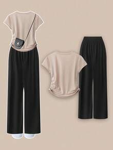 Flirla 加大码纯色圆领不对称褶皱短袖 T 恤和阔腿裤两件套，休闲百搭宽松度假日常穿着，夏季