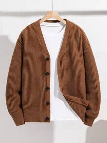 SHEIN Teen Boy Ribbed Texture Knit Cardigan, Casual Collegiate Style, Comfortable & Fashionable, Versatile & Practical, Soft Fabric, Suitable For Daily Wear, School, Outings, Outdoor Activities - Apricot - View 1