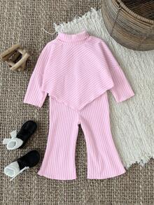 Souflis Souflis Baby Girl Infant Toddler Newborn 0-3 Years Casual Daily Versatile Fashion Outerwear High Collar Drop Shoulder Ribbed Knit Long Sleeve Top + Flared Pants Set, Infant Autumn/Winter Clothing, Khaki Fall - Pink - View 2