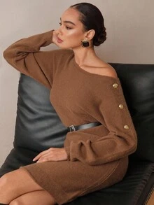Modelyn Gaun Sweater Wanita dengan Gesper dan Bahu Terbuka - Coffee Brown - View 4