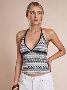 SHEIN BAE Women's Casual Versatile Sexy Fitted Halter Backless Crop Top