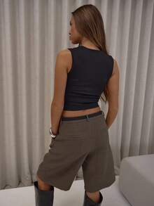 MUSERA 修身圆领褶皱肩带上衣，可爱优雅性感街头风，适合秋季、夜晚外出、春夏穿着。 - 黑色 - 查看 2