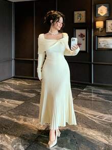 DAZY 女款優雅純色方領不對稱針織洋裝，秋季婚禮賓客女裝 - 米色 - 查看 8