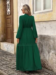 Brillora Váy Maxi Tay Dài Ôm Eo Màu Trơn Phong Cách Đường Phố Cho Nữ - Màu xanh lá cây đậm - Xem 2