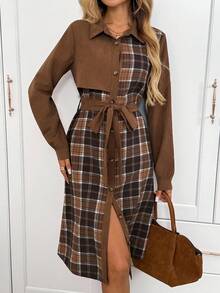 SHEIN LUNE 女式休闲格子腰带长袖衬衫裙秋季连衣裙秋季连衣裙咖啡棕色连衣裙大地色连衣裙棕色女装秋季女装女装冬季女装秋季女装女装优雅商务休闲女装棕色女式工作服棕色连衣裙冬季连衣裙女式格子连衣裙 - 彩色 - 查看 3