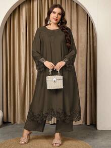 Graceveil 女士圆领长袖长上衣和直筒裤蕾丝拼接宽松休闲高端舒适大码套装 - 棕色 - 查看 1