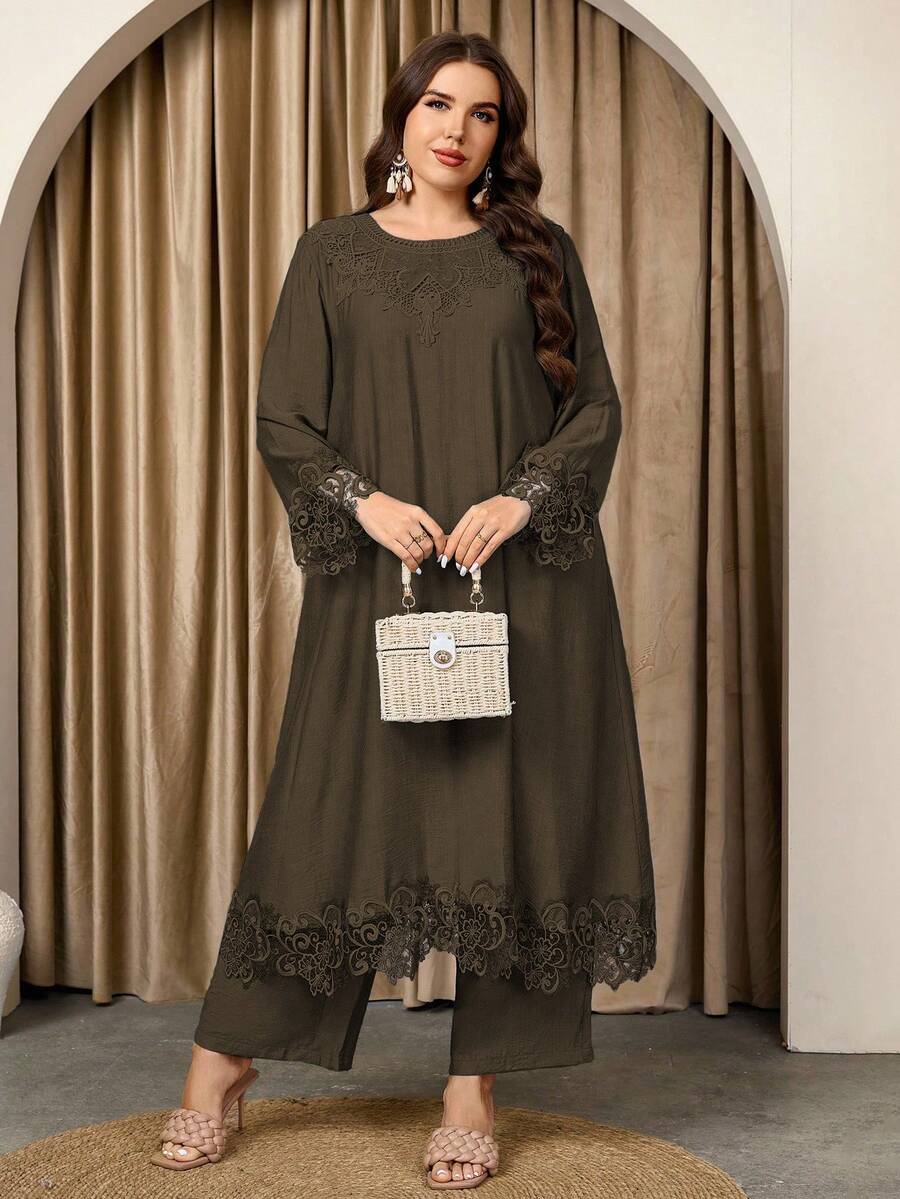 Graceveil 女士圆领长袖长上衣和直筒裤蕾丝拼接宽松休闲高端舒适大码套装 - 棕色 - 查看 1