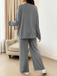 SHEIN Bộ đồ bầu 2 món: Áo khoác dài tay trễ vai màu trơn và quần cạp chun điều chỉnh, trang phục thường ngày cho mùa thu - Xám - Xem 2