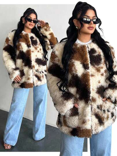 SHEIN SXY Women's Fashionable Pocket Animal Print Faux Fur Coat, Winter,Fall,Faux Fur Coats,Casual,Fall Clothes For Women,Winter,Plush,Streetwear