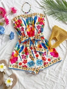 Soleia Soleia Women's Vacation Casual Elegant Tropical Floral Print Belted Strapless Jumpsuit, Suitable For Party, Evening, Sexy, Date, Beach Vacation, Summer Outfit, Holiday Date, Afternoon Tea, Seaside Beach Cruise Vacation, Urban Vacation, Boho Vacation, Music Festival, Beach Dress Can Be Worn Inside Or Outside, All Season Tropical Romper Beach Romper Vacation Romper Floral Romper