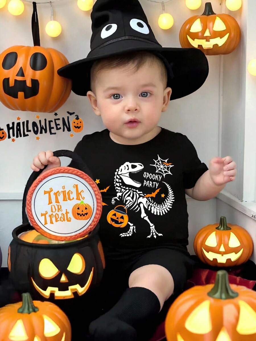 SHEIN Áo thun tay ngắn in họa tiết hoạt hình phong cách Halloween cho bé trai, phù hợp cho mùa hè - màu đen - Xem 1