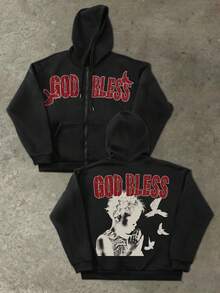 Manfinity Roghcode Manfinity Men Streetrush Letter & Animal Graphic Zip-Up Long Sleeve Hoodie Sweatshirt, Fall Winter