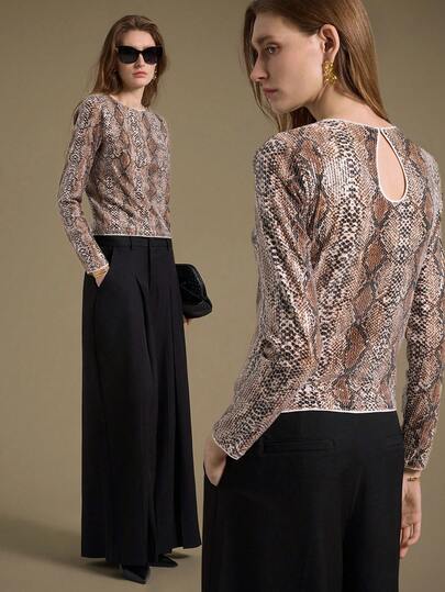 Ontre 2025 秋冬新款动物印花亮片刺绣圆领套头衫露背镂空纽扣开合女式上衣，时尚优雅，适合都市商务休闲、约会、派对、机场、浪漫乡村音乐节、韩式、婚礼嘉宾、生日、万圣节、圣诞节