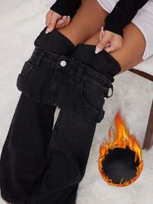 SHEIN PETITE Jeans évasés décontractés pour femmes en automne/hiver avec poches, doublure thermique, jeans en denim noir à pattes d'éléphant doublés de polaire chics pour sortir l'hiver