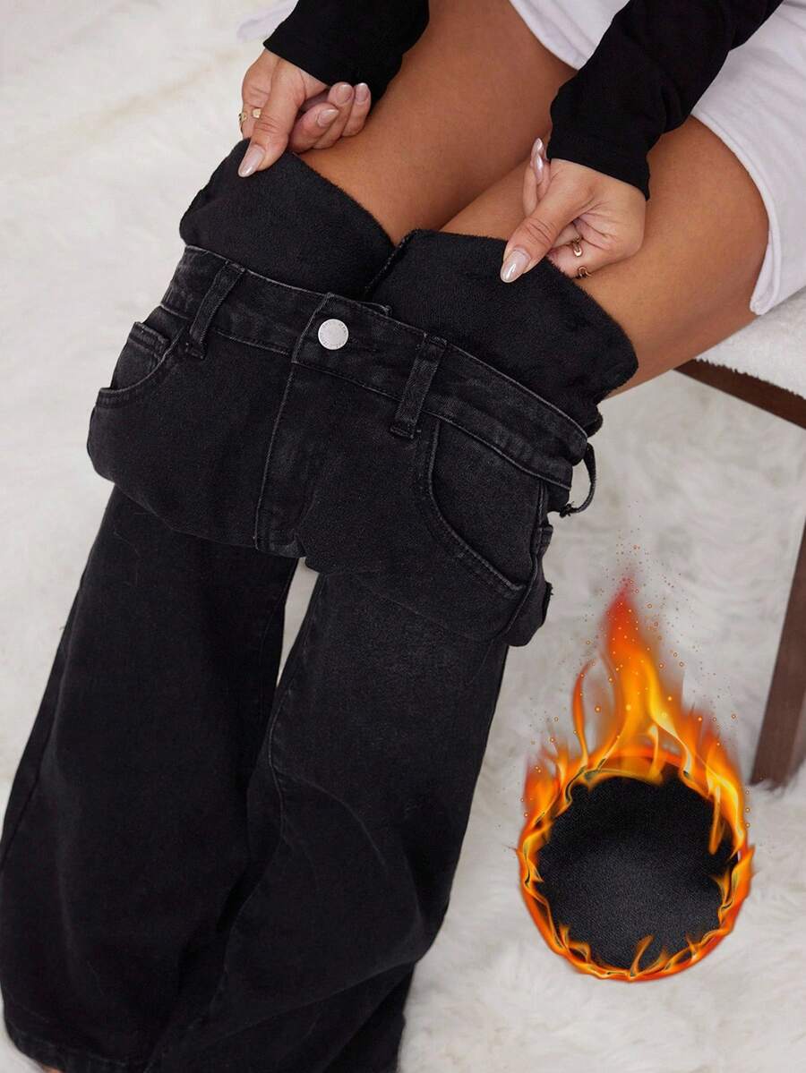 SHEIN PETITE Jeans évasés décontractés pour femmes en automne/hiver avec poches, doublure thermique, jeans en denim noir à pattes d'éléphant doublés de polaire chics pour sortir l'hiver