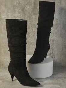 SHUZIA Fashionable Women's Chocolate Faux Suede Knee High Low Kitten Heel Slouchy Pointed Toe Boots Comfort Fall Winter Holiday Shoe - Black - View 6