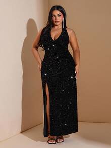 SHEIN BAE Rochie maxi cu decolteu în V și crăpături înalte, mărime plus, cu paiete - Negru - Vizualizare 3
